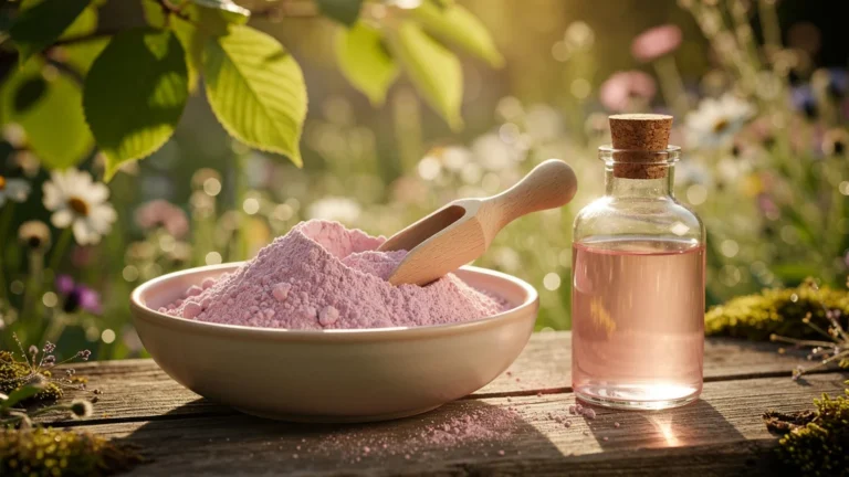 Bol d’argile rose bio en poudre sur table en bois naturel pour peaux sensibles