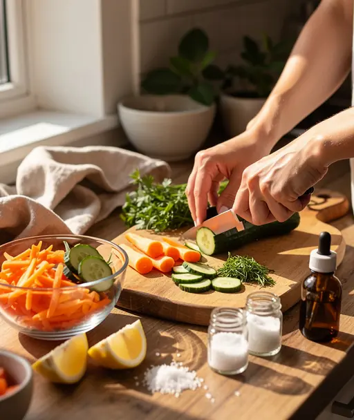 mains préparant des aliments sur un plan de travail en cuisine avec lumière naturelle
