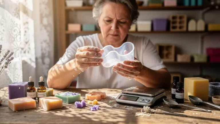 Artisane déçue manipulant un moule à savon trop souple dans son atelier lumineux et détaillé