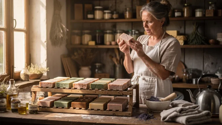 Femme inspectant des savons faits maison en cours de cure dans une cuisine rustique lumineuse