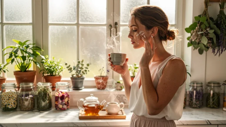 Femme douce préparant une tisane maison, gestes beauté plus doux et naturels au quotidien