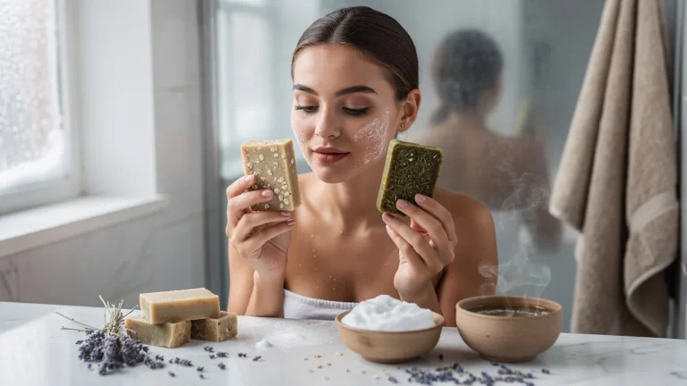 Comparaison de deux savons artisanaux pour peau mixte en hiver dans une salle de bain lumineuse
