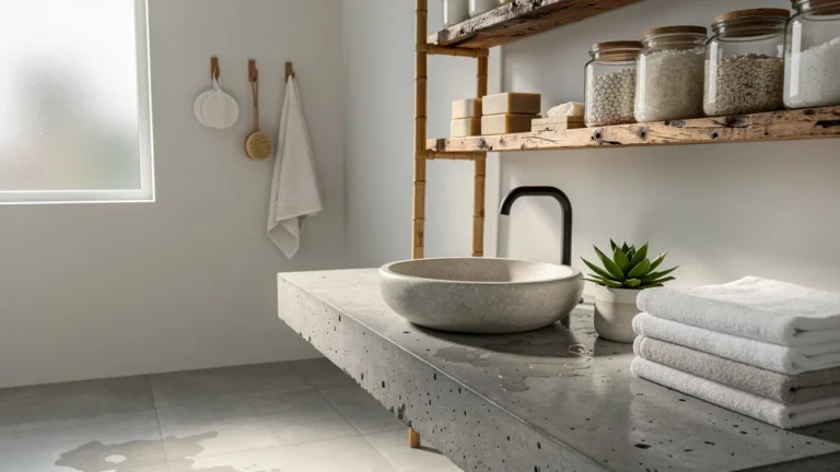 Salle de bain zéro déchet minimaliste et naturelle après six mois d'aménagement durable