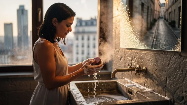 Femme utilisant un shampoing solide au rhassoul sous eau dure, test sur trois villes différentes
