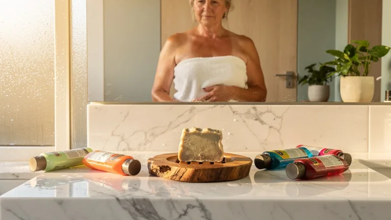 Moment de simplicité avec un savon artisanal remplaçant tous les gels douche dans une salle de bain moderne
