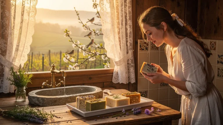 Matin alsacien lumineux avec savon artisanal naturel face aux paysages de vignobles brumeux