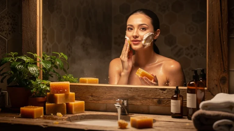 Rituel du soir avec savon au miel local transformant la peau dans une salle de bain chaleureuse et lumineuse