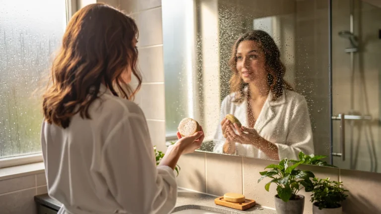 Femme découvrant le shampoing solide après trois mois de doute dans une salle de bain moderne et lumineuse