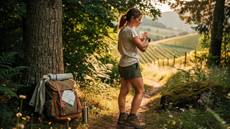 Femme appliquant un déodorant solide naturel après une randonnée estivale en Alsace sous la chaleur