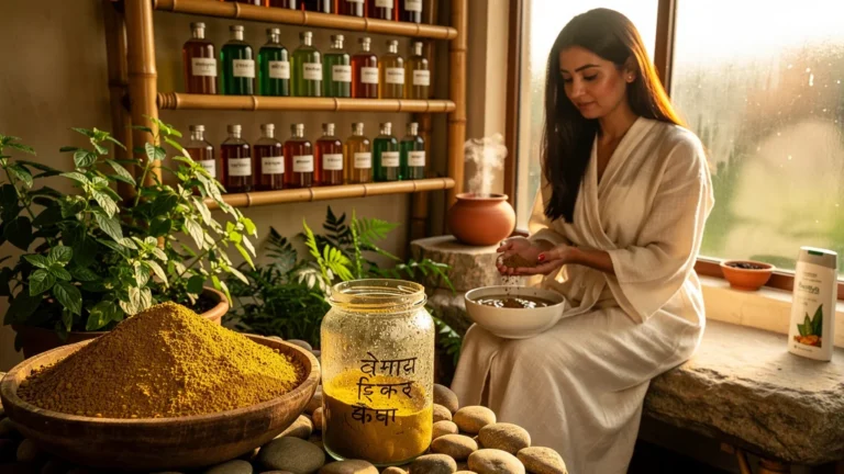 Femme utilisant poudre de shikakai ayurvédique naturelle en bain de cheveux, contraste avec shampoings classiques