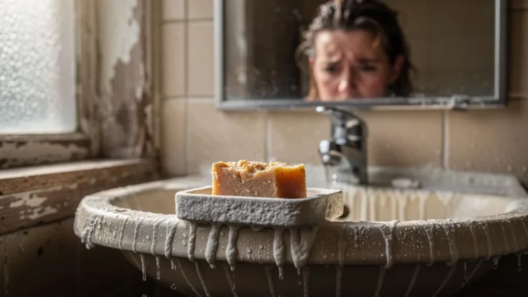Shampoing solide usé sur un lavabo avec traces de calcaire, illustrant l'impact de l'eau calcaire sans traitement