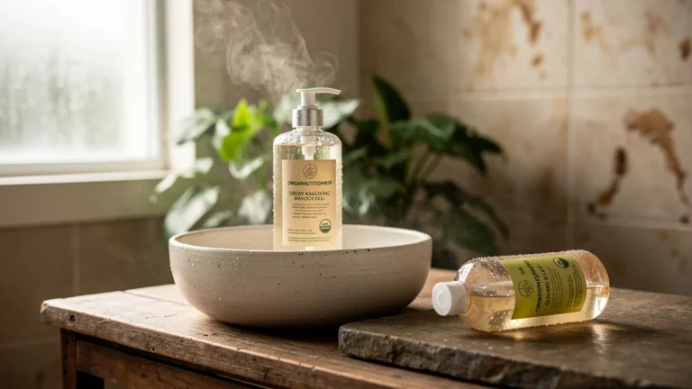 Bouteille naturelle de gel douche artisanale face à un gel douche parfumé industriel abandonné