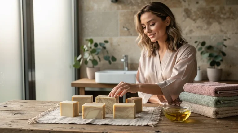 Savons surgras à 8 % pour peaux sensibles dans une salle de bain lumineuse et apaisante