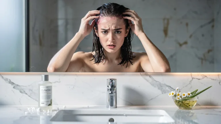 Jeune femme surprise découvrant que son shampoing classique assèche son cuir chevelu dans une salle de bain moderne