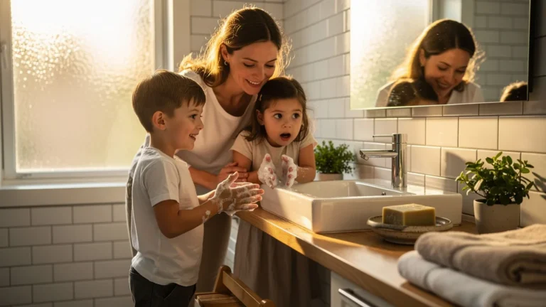 Enfants lavant leurs mains avec un savon artisanal sans se plaindre dans une salle de bain chaleureuse