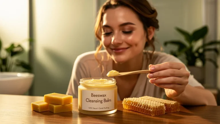 Test d’un baume démaquillant à base de cire d’abeille avec pot, spatule, et peau nette après un mois
