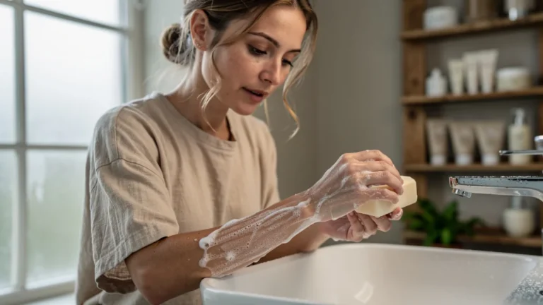 Test d’un savon au lait d’ânesse sur une peau qui tiraille dans une salle de bain lumineuse