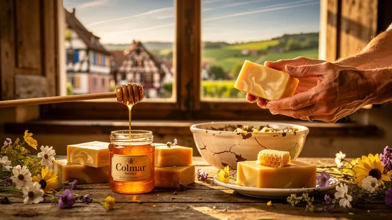 Test d’une recette de savon maison au miel de Colmar après trois semaines, détails et textures naturelles