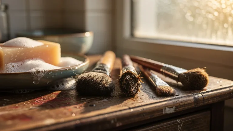 Pinceaux maquillage abîmés par un lavage fréquent au savon, fragiles et usés en détail réaliste