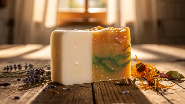 Savon artisanal blanc et coloré naturellement posé sur bois, illustrant le choix des colorants naturels