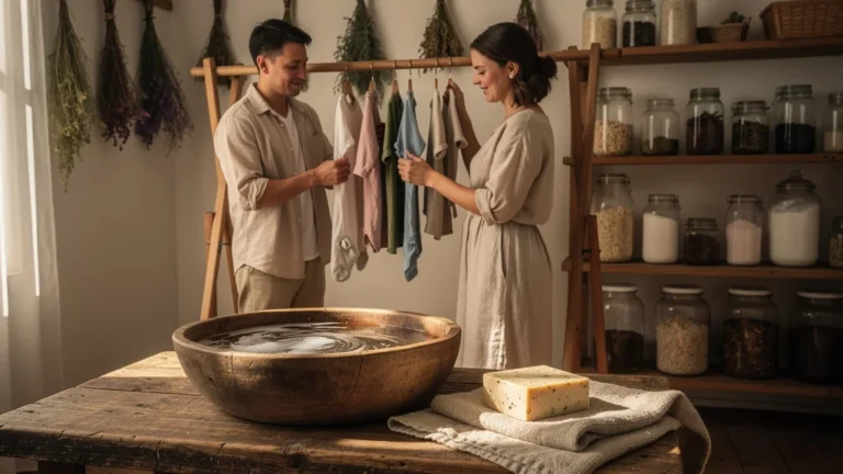 Lessive maison au savon pendant un mois sur le linge familial, scène hyper-réaliste et chaleureuse