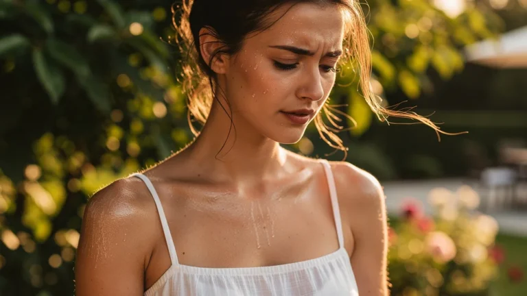 Femme en été avec film gras sur la peau causé par un savon trop surgras en gros plan réaliste