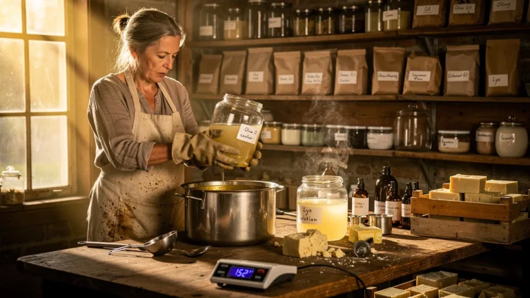 Artisan versant de la soude trop chaude dans les huiles, erreur coûteuse en fabrication de savon