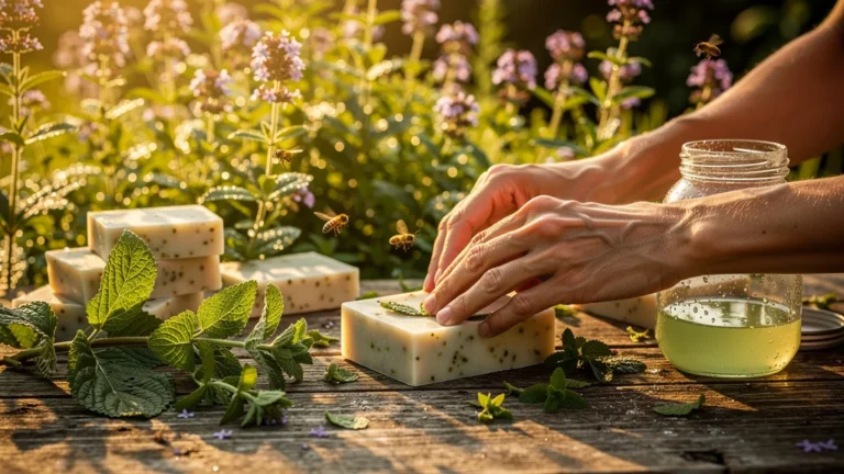 Savons artisanaux à la verveine du jardin en été avec lumière dorée et ambiance naturelle