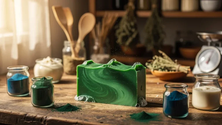 Savon coloré à la spiruline avec une teinte verte surprenante, photo ultra-réaliste artisanale