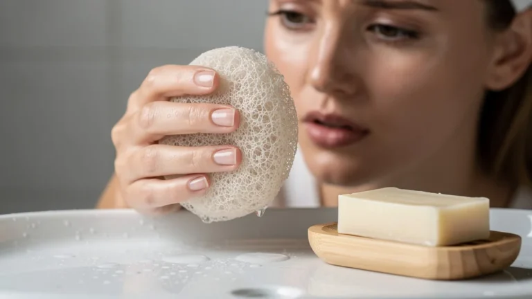 Comparaison réaliste éponge konjac ramollie et savon doux pour avis tranché soin visage