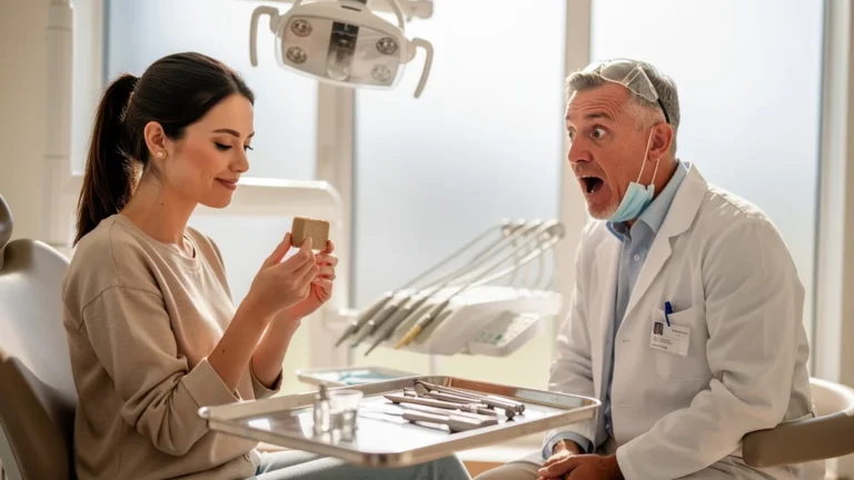 Femme tenant son premier dentifrice solide fait maison et la réaction surprise de son dentiste en cabinet moderne
