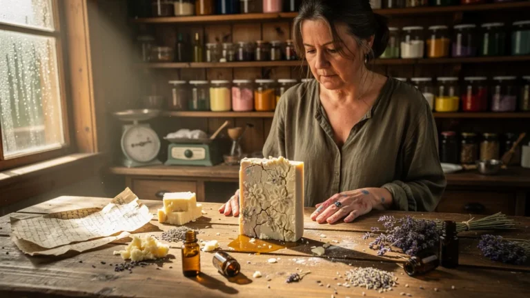 Artisan déçu devant son savon fait main devenu trop agressif après une recette perdue, ambiance atelier chaleureux