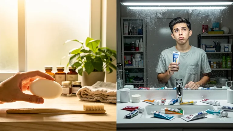 Contraste salle de bain entre dentifrice solide écologique et dentifrice tube classique, impact et scepticisme