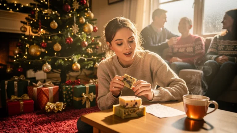 Offrir des savons artisanaux à Noël et recevoir des retours inattendus, moment intime et émotionnel sous le sapin