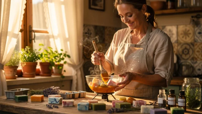 Femme transformant des chutes de savon en une nouvelle barre dans une cuisine lumineuse et chaleureuse