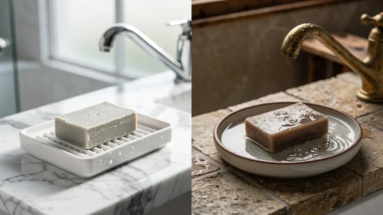 Comparaison du savon sur porte-savon drainant et coupelle dans deux salles de bains distinctes