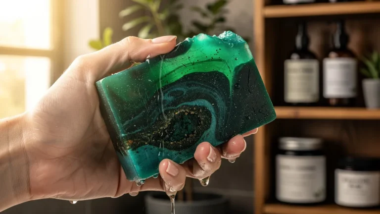 Test d’un savon coloré à la spiruline montrant la tenue de sa couleur après cure sous lumière naturelle