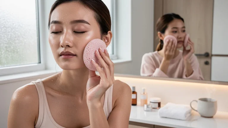 Femme utilisant une éponge konjac matin et soir sur peau mixte pendant un mois, résultat éclatant