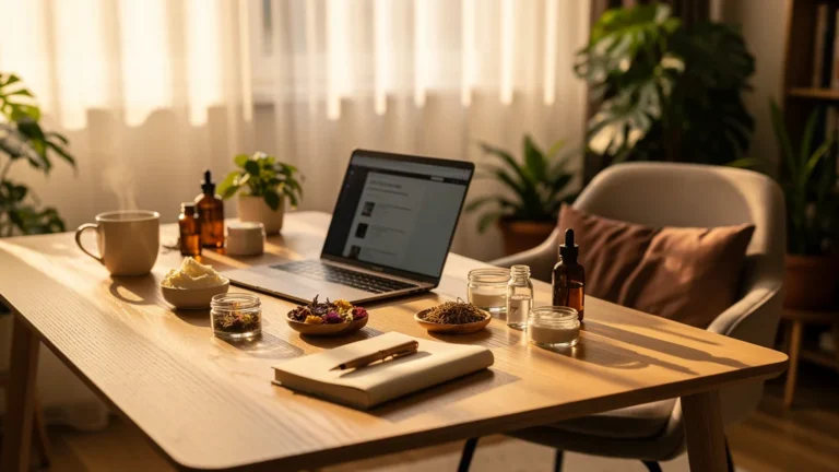 Espace de travail naturel et chaleureux pour rédactrice freelance spécialisée soins naturels Alkeda