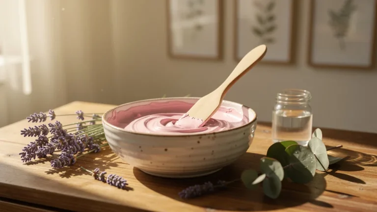 Pot d’argile rose naturelle sur une table en bois éclairée par la lumière du soleil