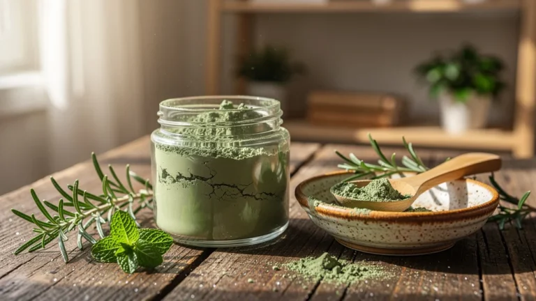 Pot d’argile verte naturelle sur table en bois, texture fine et lumière douce pour soins peau