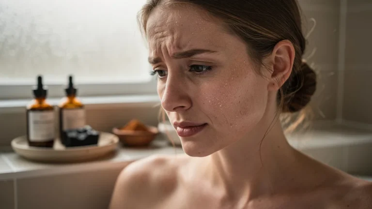 Jeune femme avec peau tirée et irritée après usage excessif de savon noir naturel