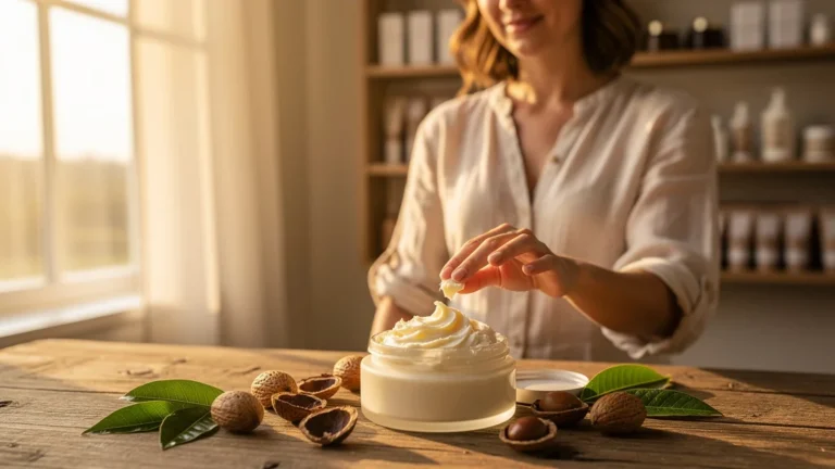 Pot de beurre de karité naturel sur table en bois avec noix de karité et ambiance chaleureuse