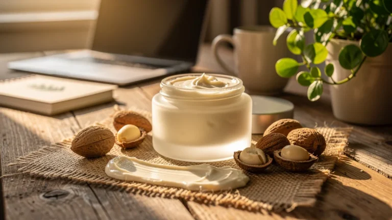 Pot ouvert de crème beurre de karité naturel sur table en bois avec noix de karité et lumière naturelle