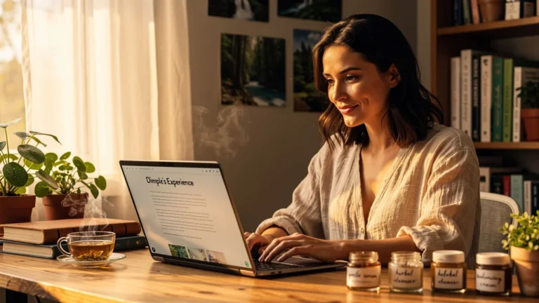 Portrait réaliste d'une rédactrice freelance féminine de 32 ans découvrant Dimple's en soins naturels