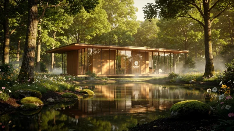 Façade moderne et écologique du siège du groupe rocher entourée d’une forêt verdoyante au coucher du soleil