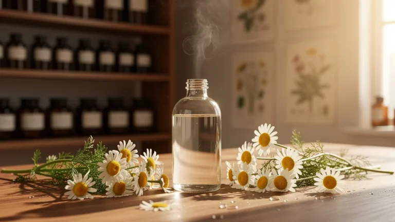 Bouteille d’hydrolat camomille romaine entourée de fleurs fraîches dans un décor naturel apaisant