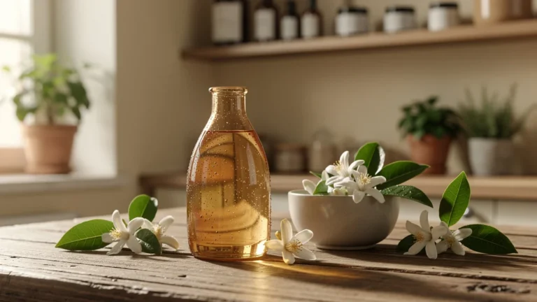Bouteille d’hydrolat de fleur d’oranger avec fleurs fraîches sur table en bois rustique