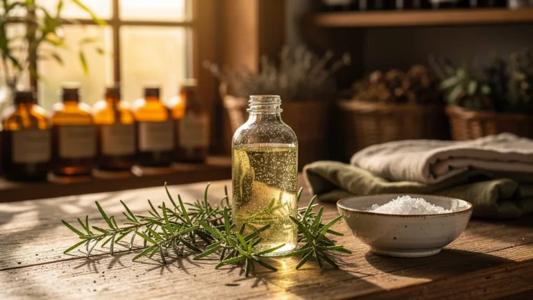 Bouteille d’hydrolat de romarin fraîche sur table en bois dans un décor naturel apothicaire lumineux