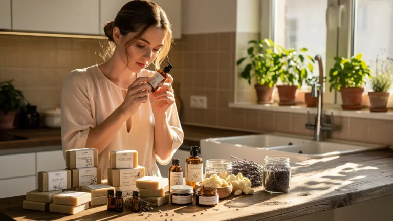 Femme lisant attentivement l’étiquette d’un savon naturel dans une cuisine lumineuse et moderne